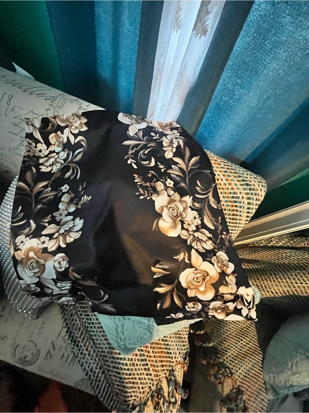 Black Floral Satin Skirt with Cream Roses